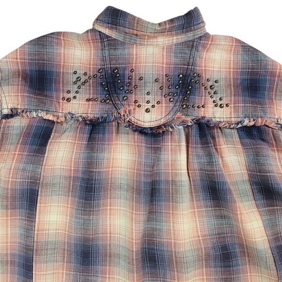 Free People Shirt Womens XS Multicolor Plaid Oversized Casual Studded Button Up - Picture 6 of 15